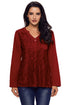 Sexy Red Lace Panel Split Neck Roll Tab Sleeve Blouse